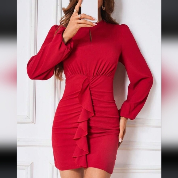 SHEIN Elegant Red Long Sleeve Dress - Picture 3 of 9